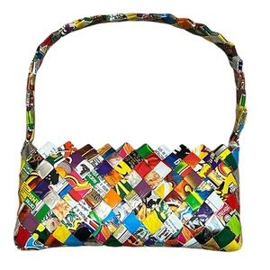 Vintage Y2K upcycled recycled woven candy wrapper shoulder bag multicolor